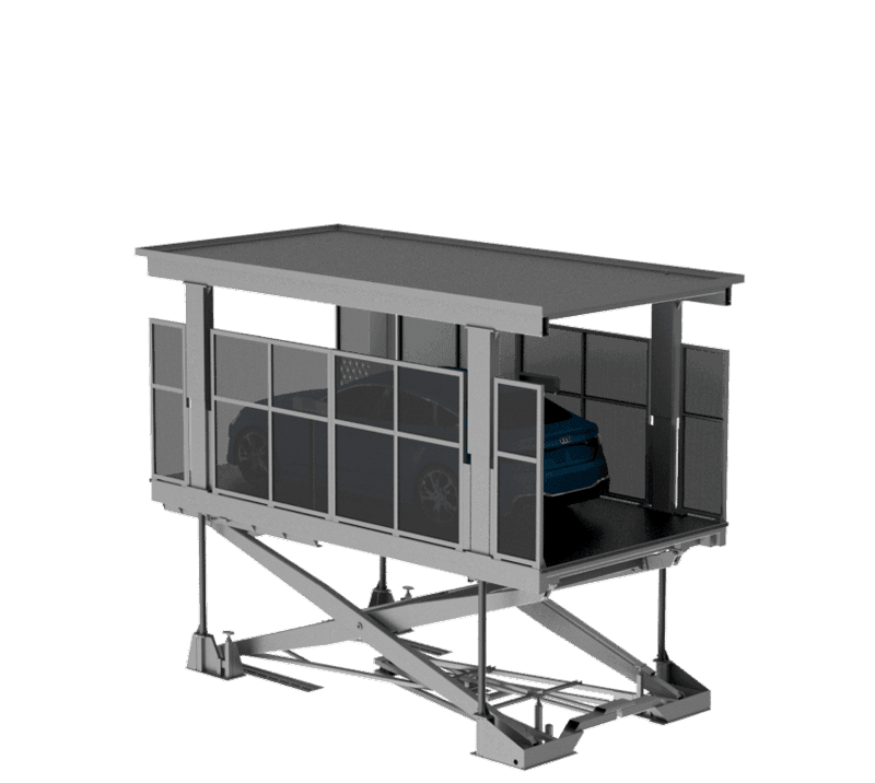 Renderizado 3D del sistema Montacoches Con Persona A Bordo - plataforma elevada con estructura metálica, techo, ventanas, coche azul en el interior