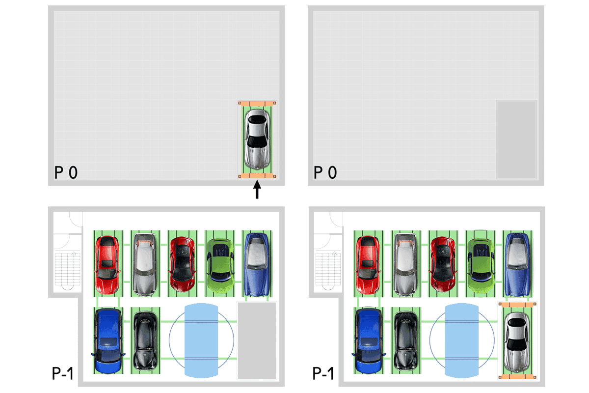 Esquema técnico PUZZLE PARK con coches de colores y flujo de movimiento